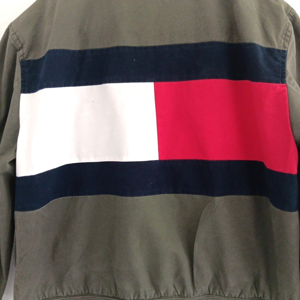 Tommy Hilfiger Canvas Bomber Jacket Womens Medium Green Khaki FLAG Back Retro - Picture 2 of 12
